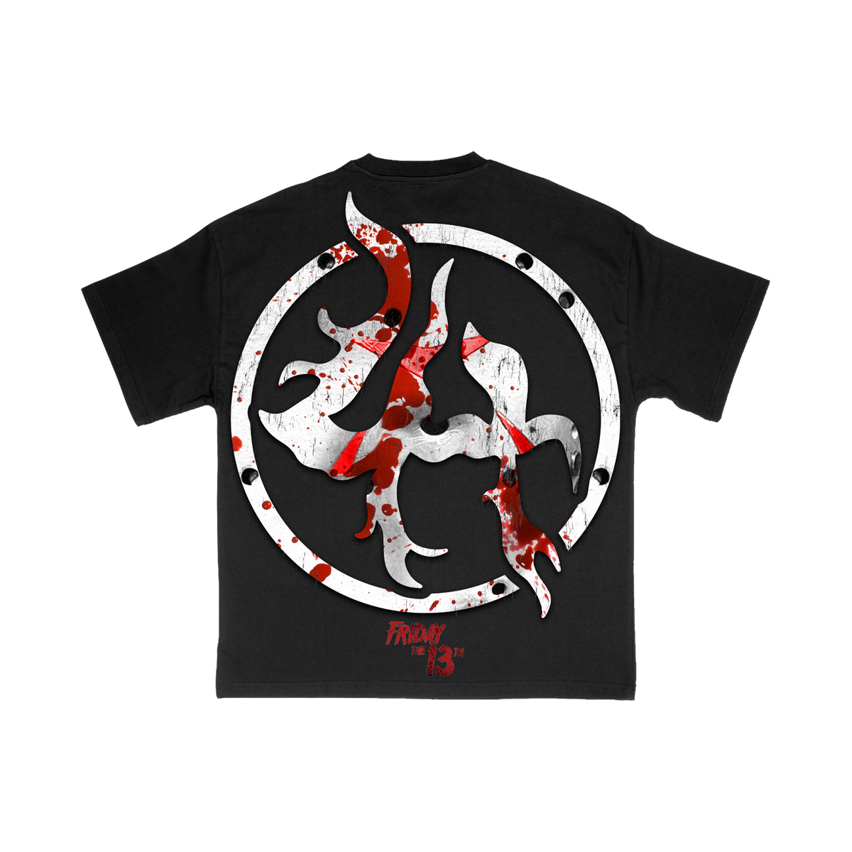 Front of black Friday the 13th hockey mask tee