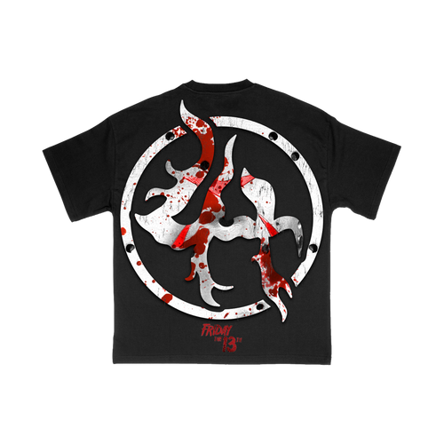 Front of black Friday the 13th hockey mask tee