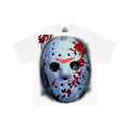 Front of white LH JASON 001 graphic tee with hockey mask artwork