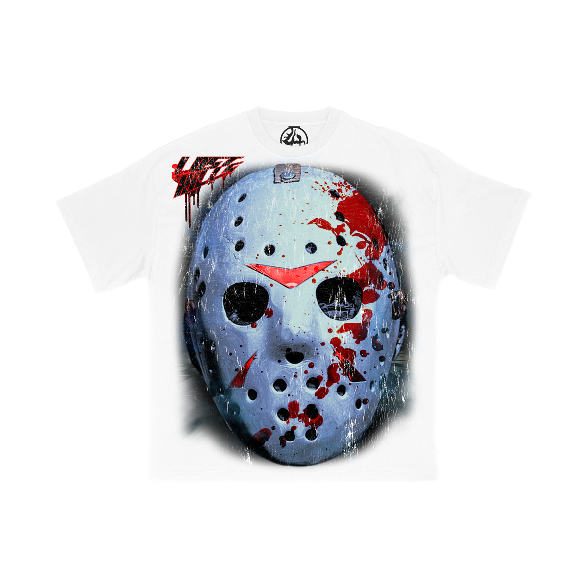 Front of white LH JASON 001 graphic tee with hockey mask artwork