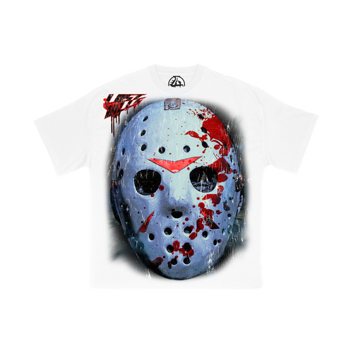Front of white LH JASON 001 graphic tee with hockey mask artwork