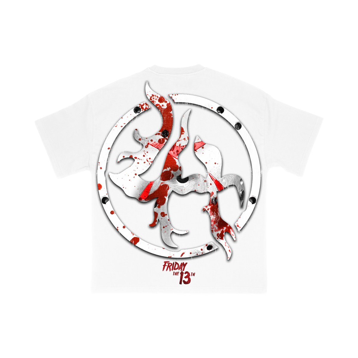 Back of white LH JASON 001 graphic tee with Friday the 13th artwork