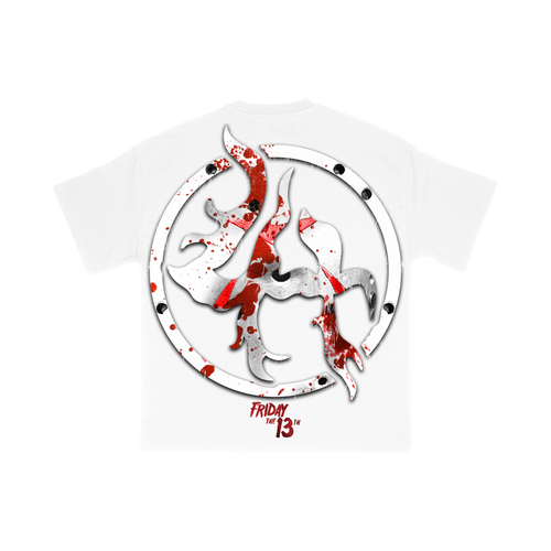 Back of white LH JASON 001 graphic tee with Friday the 13th artwork
